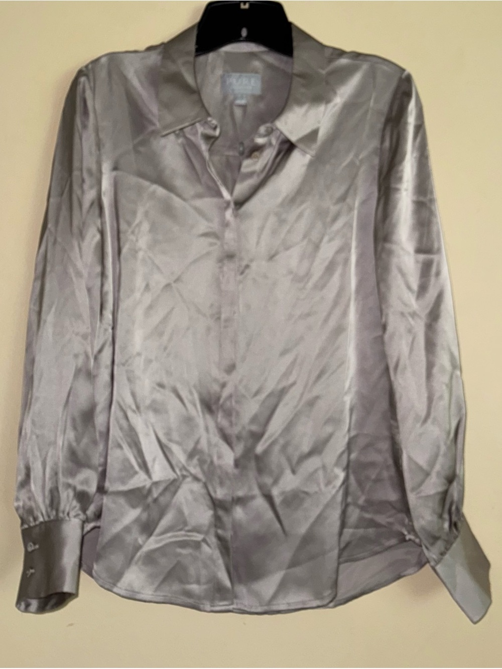 Pure Collection 100% Silk Dark Silver Satin Button Down Shirt Size US 6 NWT!